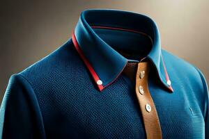 a blue shirt with red trim and brown buttons. AI-Generated photo