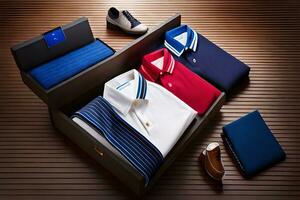 a box with three shirts and a tie. AI-Generated photo
