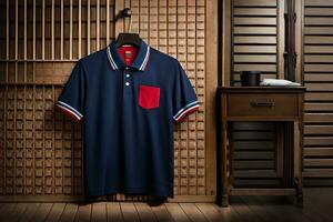 a polo shirt with red and blue stripes on it. AI-Generated photo