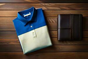 a blue and white polo shirt and a wallet on a wooden table. AI-Generated photo