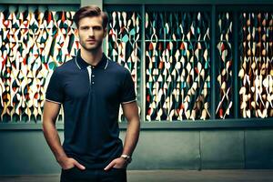 a man in a blue polo shirt standing in front of a wall. AI-Generated photo