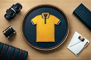 a yellow polo shirt is sitting on a table with other items. AI-Generated photo