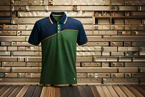 a green and blue polo shirt on a wooden wall. AI-Generated photo