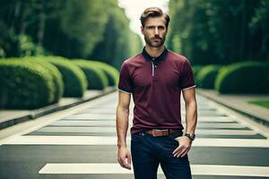 a man in a maroon polo shirt standing on a road. AI-Generated photo