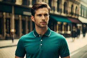 a man in a green polo shirt standing on a street. AI-Generated photo