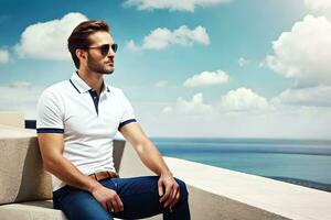 a man in sunglasses and a white polo shirt sitting on a ledge. AI-Generated photo