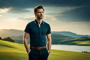 un hombre en un azul polo camisa en pie en un verde campo. generado por ai foto