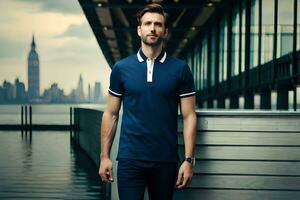 a man in a blue polo shirt standing on a dock. AI-Generated photo