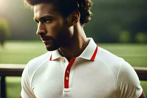 un hombre en un blanco camisa y rojo recortar. generado por ai foto