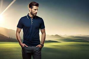 a man in a blue polo shirt standing in front of a green field. AI-Generated photo