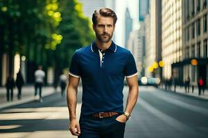 un hombre en un azul polo camisa y vaqueros. generado por ai foto