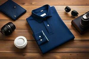 un azul camisa, Gafas de sol, cámara y otro artículos en un de madera mesa. generado por ai foto