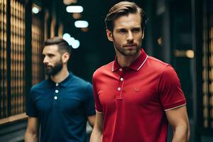 dos hombres en rojo y azul polo camisas generado por ai foto