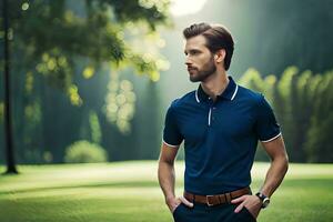 a man in a blue polo shirt standing in a field. AI-Generated photo