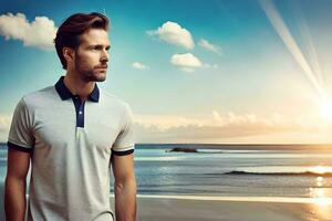 a man in a polo shirt standing on the beach. AI-Generated photo