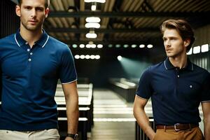 two men wearing blue polo shirts and khaki pants. AI-Generated photo