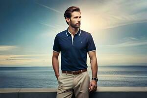 a man in a blue polo shirt and khaki pants. AI-Generated photo