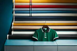 a green polo shirt is sitting on a shelf with a pile of colorful fabric. AI-Generated photo