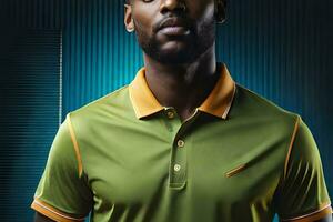 a man in a green polo shirt and black pants. AI-Generated photo