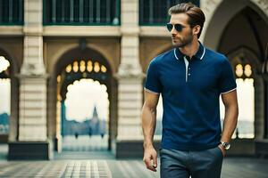 a man in a blue polo shirt and sunglasses. AI-Generated photo