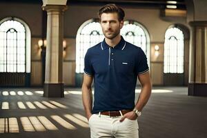 a man in a blue polo shirt and white pants. AI-Generated photo