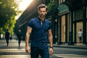 a man in a blue polo shirt and jeans walking down a street. AI-Generated photo