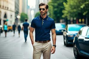 a man in a blue polo shirt and khaki pants. AI-Generated photo