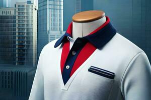 a white shirt with red and blue trim. AI-Generated photo