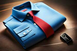 a blue shirt and red tie sitting on a table. AI-Generated photo