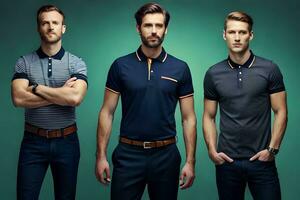 three men in polo shirts standing in front of a green background. AI-Generated photo