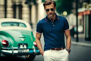 a man in a blue polo shirt and white pants standing next to a classic car. AI-Generated photo