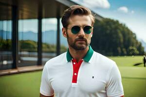 a man in a white shirt and red and green sunglasses. AI-Generated photo