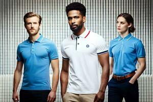 three men in blue polo shirts and one man in a black shirt. AI-Generated photo