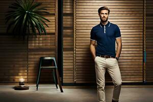 a man in a blue polo shirt and khaki pants. AI-Generated photo