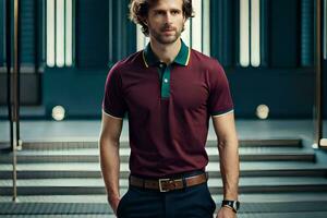 a man in a maroon polo shirt and black pants. AI-Generated photo