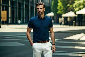 a man in a blue polo shirt and white pants. AI-Generated photo