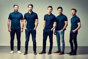 five men in blue polo shirts standing in a row. AI-Generated photo