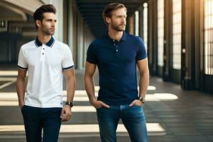 two men in polo shirts standing in an empty building. AI-Generated photo