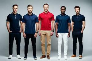 five men in different polo shirts standing in a row. AI-Generated photo