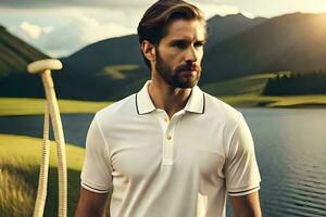a man in a white polo shirt standing on a golf course. AI-Generated photo