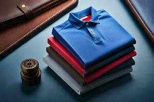 un apilar de azul y rojo polo camisas generado por ai foto