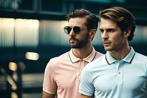 dos hombres vistiendo polo camisas y Gafas de sol. generado por ai foto