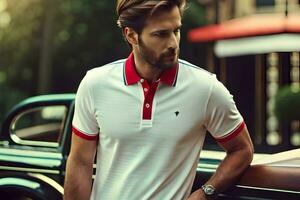 a man in a white and red polo shirt leaning on a car. AI-Generated photo