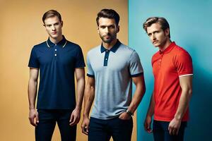 three men in polo shirts standing against a blue wall. AI-Generated photo