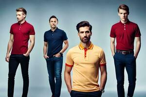 cinco hombres en diferente colores de polo camisas generado por ai foto