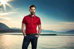 a man in a red polo shirt standing on the beach. AI-Generated photo