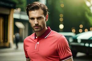 a man in a red polo shirt standing on a street. AI-Generated photo