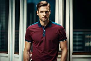 a man in a maroon polo shirt and black pants. AI-Generated photo