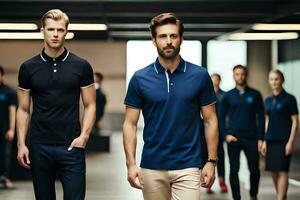 men in polo shirts walking down a hallway. AI-Generated photo