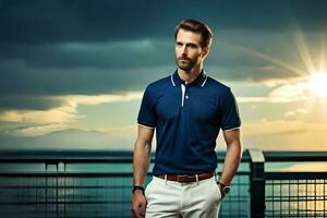 a man in a blue polo shirt and white pants. AI-Generated photo